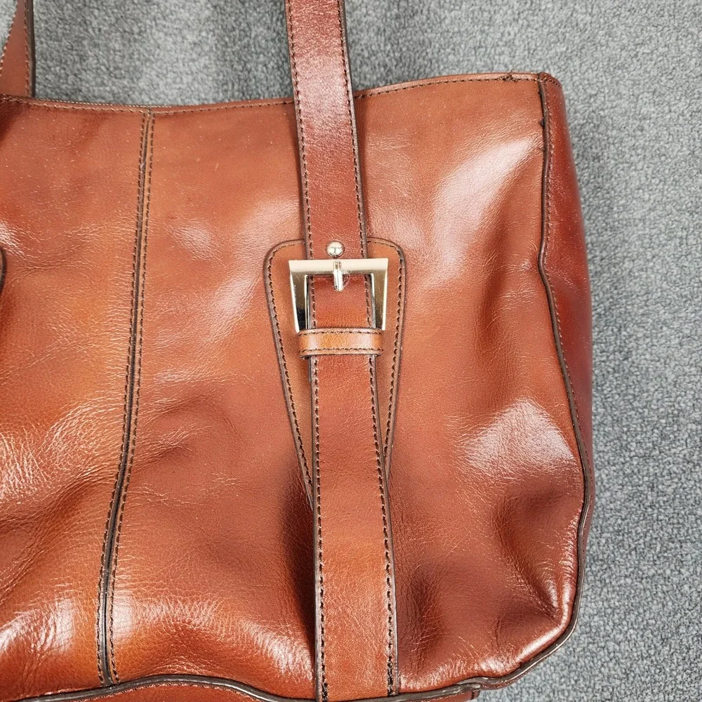 Etienne Aigner Cognac Brown Leather Tote Shoulder Bag Buckle‎ Detail 86545